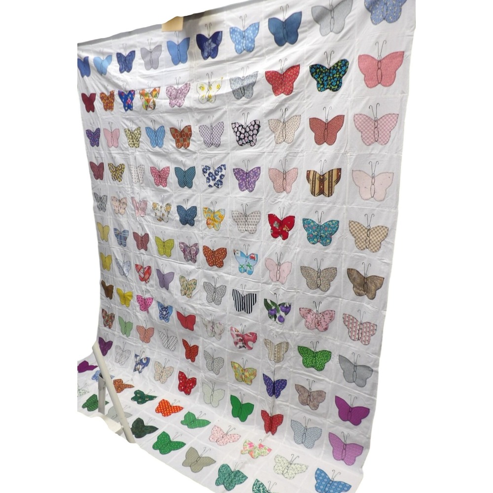 Vintage Handmade Butterfly Applique Quilt Top Multicolor Scrap Fabric Folk Art